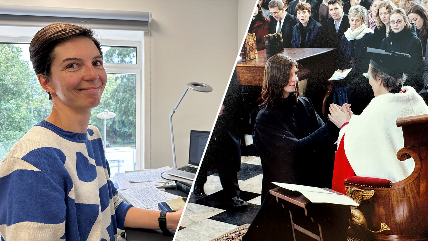 Two combined photos of Christina C. Dahm. The first on shows her in her office, the other one when se received her PhD at Cambridge in 2006